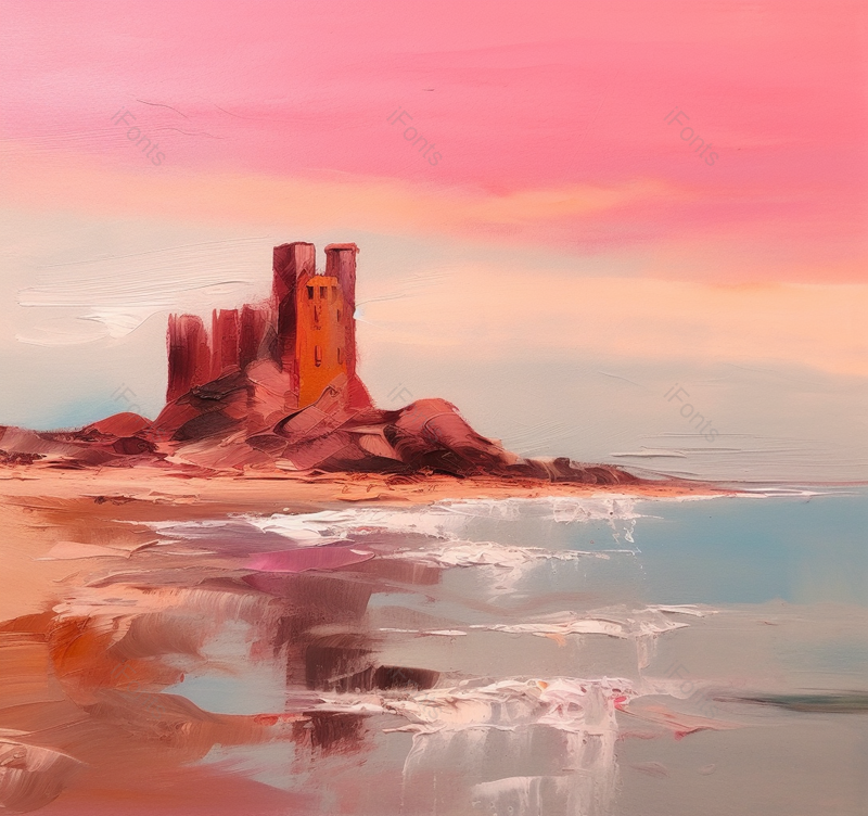 残破海岸线边海浪小岛古堡矗立夕阳日落云朵天空油画,插画/手绘图,插画/手绘图库,插画/手绘图下载,插画/手绘